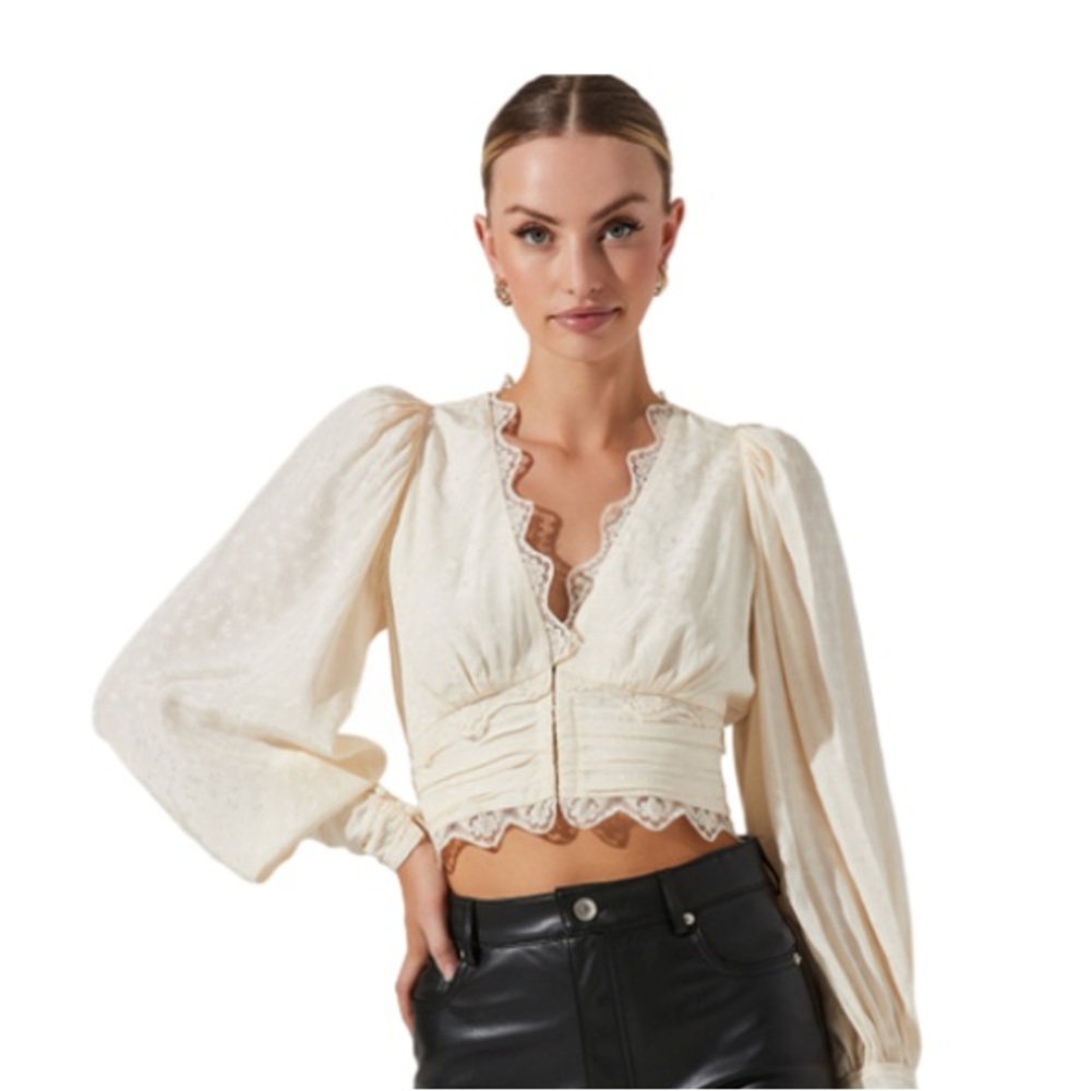 ASTR the Label Zanna Floral Jacquard Lace Trim Long Sleeve Top